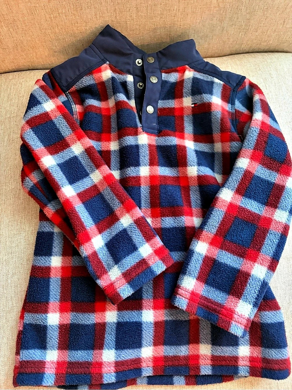 Tommy Hilfiger Boys Plaid Fleece Snap Pullover 4T Red White Blue